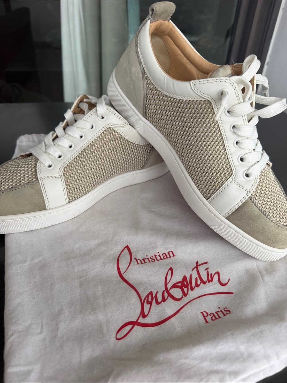 Christian Louboutin Beige and White Women's Mesh & Leather Sneakers